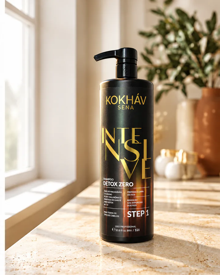Shampoo Detox Zero sobre bancada de pedra, entre folhagens