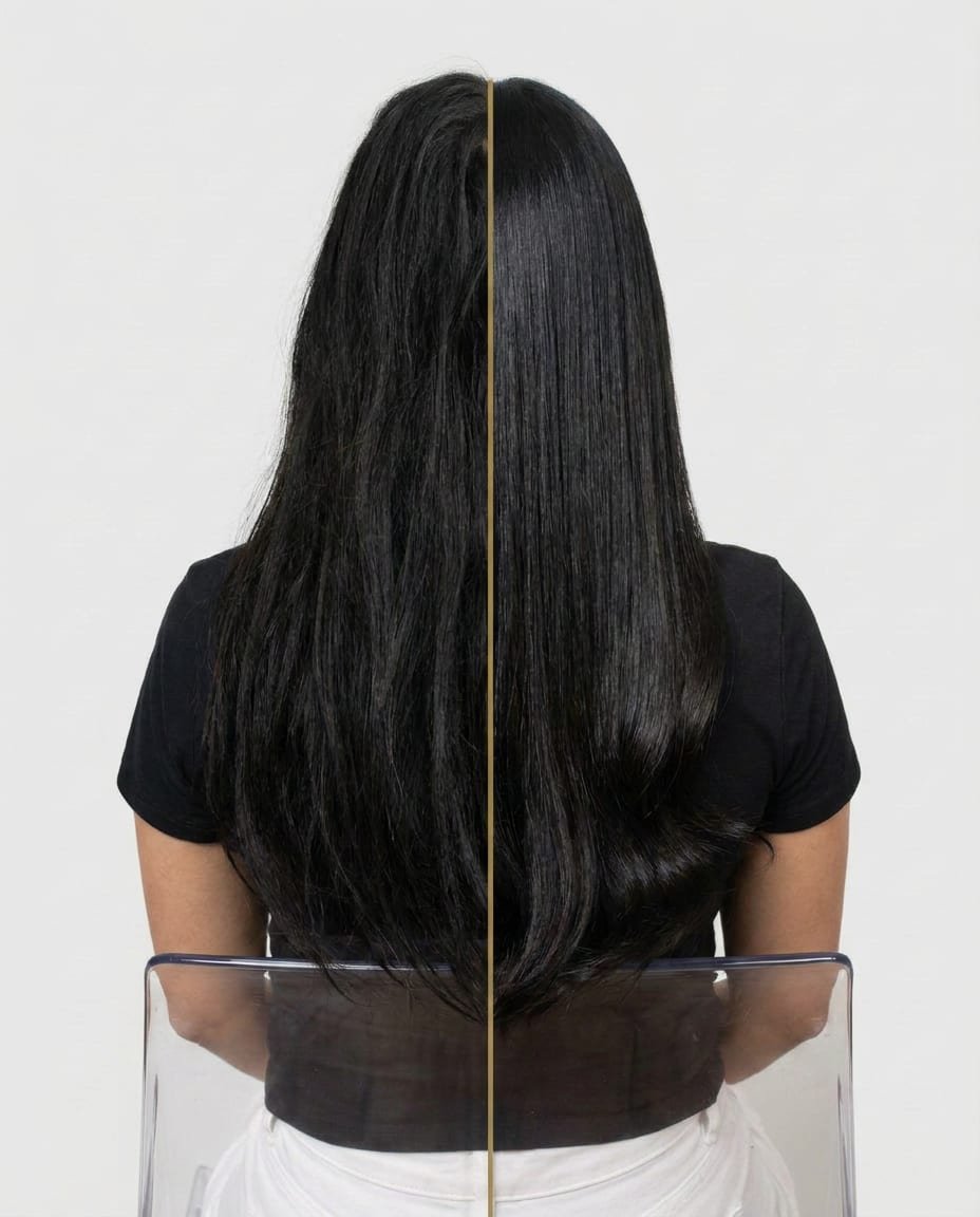 Antes e depois de um cabelo longo e preto visto de costas, dividido ao meio por uma linha dourada: à esquerda com frizz e sem brilho, à direita alinhado e brilhante